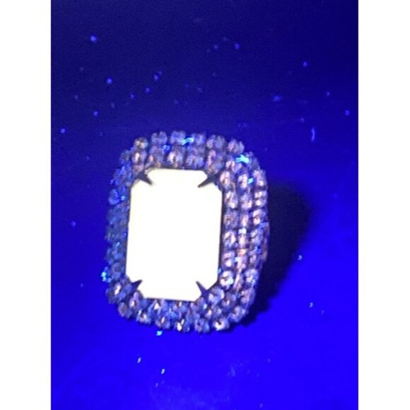 Statement Ring Emerald Cut Faux Blue Sapphire 3 Rows CZ Silver Tone Sz 7 GLOWS - Picture 7 of 8